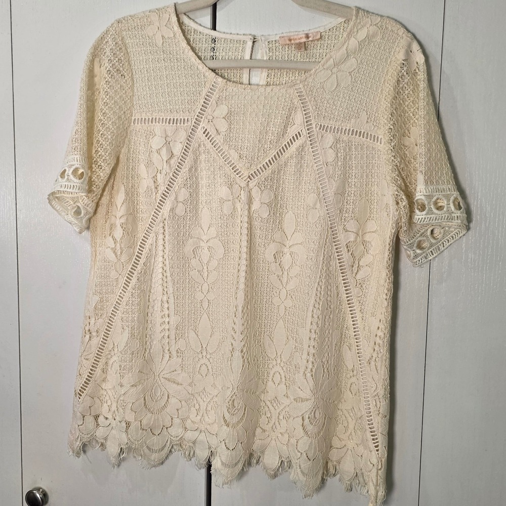 boho cottagecore Lace top Women Size M Cream Floral Scalloped  romantic fairy - Picture 2 of 10